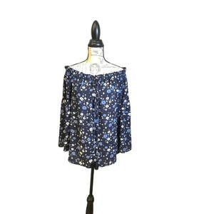 Michael Kors Navy Blue Floral Off Shoulder Long Sleeve Tasseled Tunic Blouse M